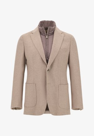 Beige villasekoitus bleiseri, jossa on irrotettavissa oleva harmaa untuvatakki sisävuori, sakarat läpät, kaksi etutaskua ja vetoketjukiinnitys.