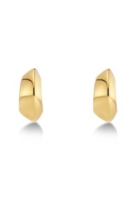 Guld geometriska studs med en polerad yta, som har en vinklad, multifacetterad design för en modern stil.