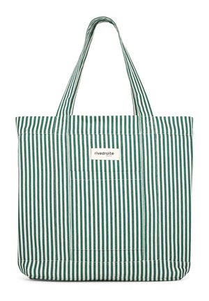 Sac cabas en tissu à rayures verticales vertes et blanches avec deux poignées et une petite étiquette frontale portant la mention « rivedroite Paris ».