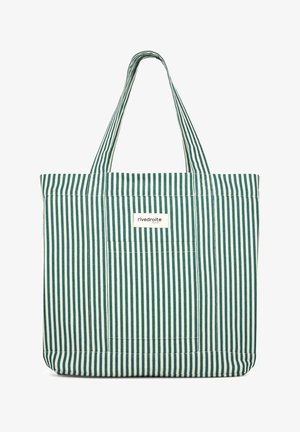 Sac cabas en tissu à rayures verticales vertes et blanches avec deux poignées et une petite étiquette frontale portant la mention « rivedroite Paris ».