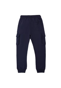 Marineblauwe sweatpants van zacht materiaal, met een elastische tailleband, geribde manchetten en twee zijzakken.