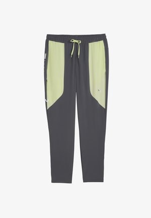Pantalon en tissu léger, avec un corps gris, des panneaux d'accent vert clair et une taille élastique avec un cordon de serrage.