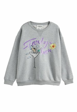 Light gray sweatshirt with purple text "Starlay bar," featuring a graphic of a dog in a cocktail glass with clouds and a yellow sun.
