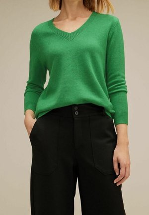 Femme portant un pull vert à col en V et un pantalon noir taille haute, les mains dans les poches, sur un fond uni.