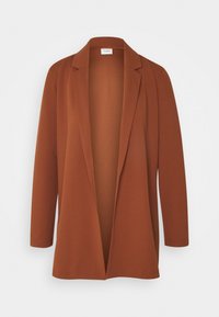 Otevřený blazer v barvě rezavé, vyrobený z měkké tkaniny. Má dlouhé rukávy, bez zapínání a uvolněnou siluetu s minimálními detaily.