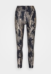 Stretch leggings med svart bas, abstrakta mönster i beige och guld, hög midja och en figurnära design.