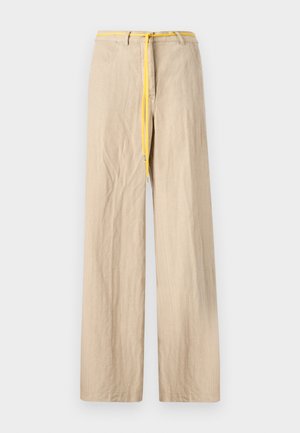 Beige wide-leg trousers made of light fabric, featuring a yellow drawstring belt, with two front pockets and simple stitching details.