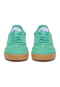 Grüne Wildledersneaker mit einer Sohle aus Gummigummi, flachen Schnürsenkeln, gepolstertem Kragen und einem Logo auf der Zunge. Klassisches Low-Top-Design.