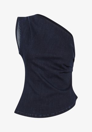 Tume denimist ühekätine topp, millel on kogutud tekstuur ja kõver äär. Kangas omab peent sära ja struktureeritud istuvust.