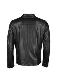 Zwarte leren jas met een gladde textuur, klassieke kraag en knoopmanchetten. Het ontwerp omvat naaddetails langs de rug.