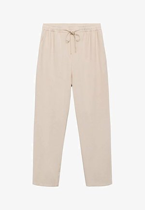 Pantaloni bej, ușori, cu un tiv elastic, șnur ajustabil și buzunare laterale. Fabricat dintr-un material neted și moale.