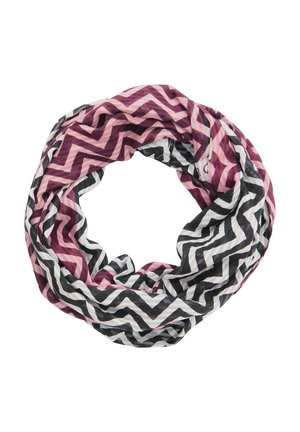 Foulard infini multicolore avec un motif en zigzag rose, blanc et noir. Fabriqué en tissu léger et texturé.