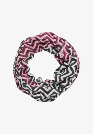 Sciarpa infinita multicolore con un motivo a zigzag in rosa, bianco e nero. Realizzata in tessuto leggero e testurizzato.