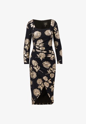 Długa, dopasowana sukienka w kolorze granatowym z złotym wzorem kwiatowym. Posiada kwadratowy dekolt oraz rozcięcie z boku dla stylu i swobody ruchów.
