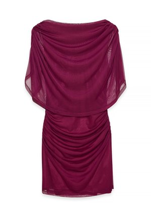 Burgundy dress with draped neckline and short sleeves, featuring gathered side detailing and a fitted silhouette made from lightweight fabric.