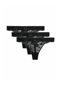 Schwarzes Spitzen-Tanga-Unterwäsche-Set bestehend aus drei Teilen, mit floralem Muster, gewellten Kanten und kleinen Schleifen auf der Vorderseite.