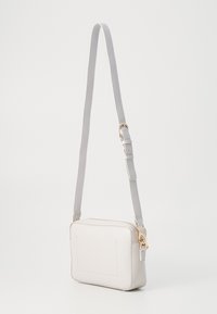 Borsa a tracolla in pelle grigia chiara con forma rettangolare, tracolla regolabile, accessori in oro e superficie liscia.
