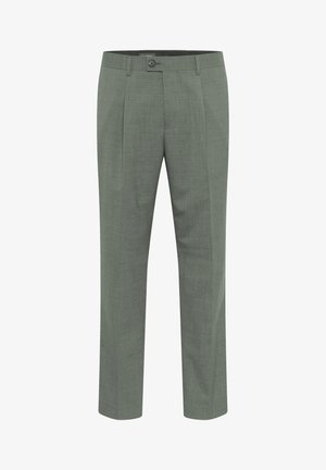 Tailored green trousers with a textured finish, featuring a single button closure and pleated front design. Straight leg cut.