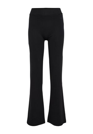 Sorte leggings med høj talje og udvidede ben lavet af glat stof, vist på en hvid baggrund.