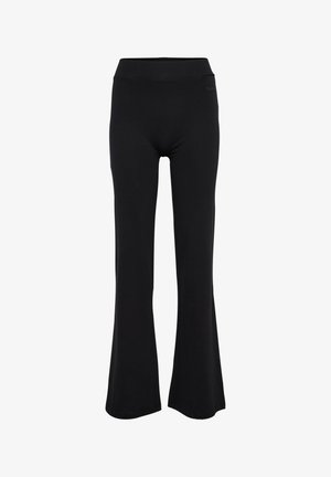 Sorte leggings med høj talje og udvidede ben lavet af glat stof, vist på en hvid baggrund.