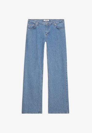 Lichtblauwe wijde spijkerbroek van denim, met een vijf-pocket ontwerp, knoopsluiting en gestikte details langs de naden en zoom.