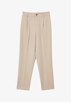 Pantaloni beige a vita alta con design a gamba dritta, dotati di due pieghe frontali, chiusura con un solo bottone e una texture di tessuto liscia.