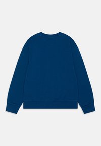 Felpa lunga a maniche blu brillante con polsini e orlo a costine, e scollatura a girocollo, mostrata dal retro su uno sfondo bianco.