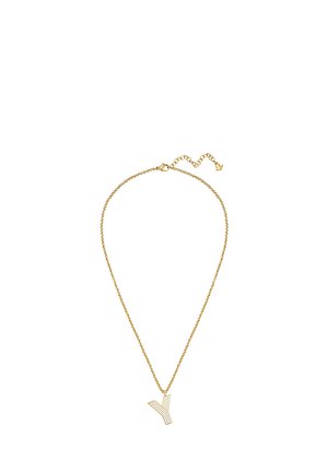 Collier délicat en chaîne d'or avec un pendentif en forme de lettre Y présentant de fines bandes verticales découpées.