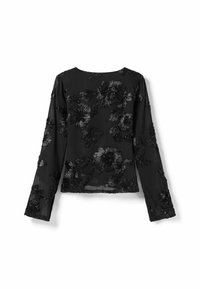 Zwart lang mouwen top met bloemenborduurwerk, doorschijnende stof, ronde halslijn en fitted ontwerp. Gedetailleerde bloemenpatronen over de stof.