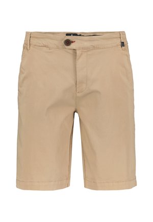 Beige knielange herenshorts met knoopsluiting, zijzakken en riemlussen, weergegeven op een witte achtergrond.