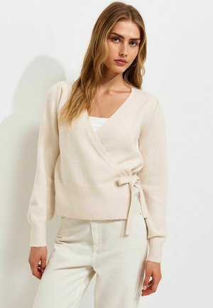 New Look, PUFF SLEEVE KNITTED WRAP JUMPER - Cardigan - cream