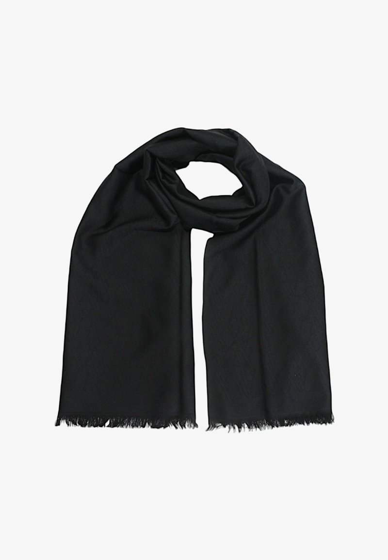 Sciarpa nera realizzata in un tessuto morbido, con un motivo sottile e bordi frangiati, progettata per offrire calore e comfort.