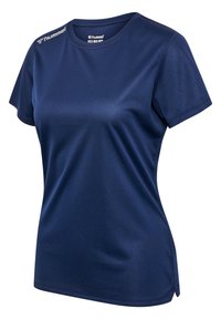 Granatowa koszulka sportowa z krótkim rękawem, okrągłym dekoltem i teksturowanym materiałem; posiada logo na ramieniu oraz boczne rozcięcia u dołu.