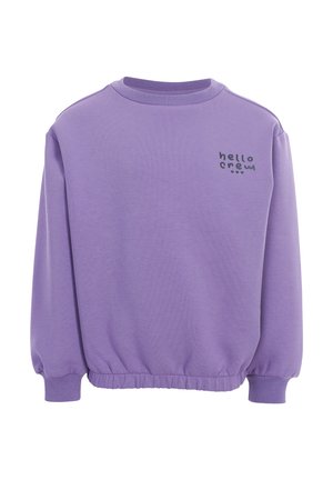 Paarse crewneck trui met elastische manchetten en zoom, met kleine zwarte tekst "hello crew" op de linkerborst.