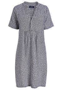 Robe à manches courtes avec un col en V, présentant un motif vichy noir et blanc, une taille froncée et un tissu en coton doux pour le confort.