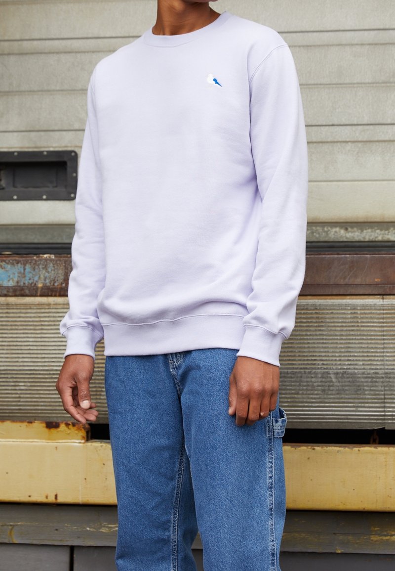 Felpa di colore viola chiaro con scollo rotondo, polsini a costine e un piccolo ricamo di un uccellino blu. Indossata con jeans blu.