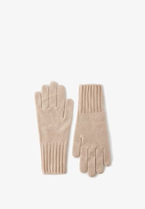 Beige knitted gloves with a ribbed cuff, featuring a smooth texture and five fingers for dexterity. The design is simple and functional.