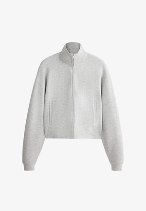 Lichtgrijs jack met rits, hoge kraag, lange mouwen en twee verticale zakken aan de voorkant, afgebeeld op een witte achtergrond.