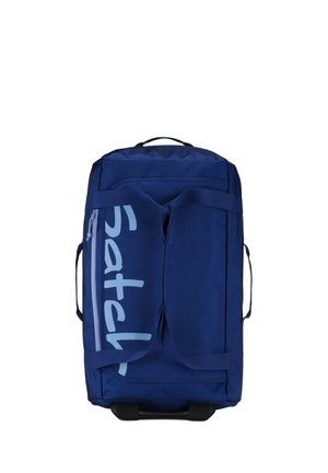 Blue wheeled duffel bag with handles and partial light blue text on the front, closed with zippers, against a white background.