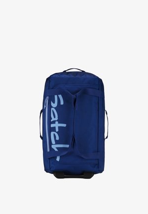 Blue wheeled duffel bag with handles and partial light blue text on the front, closed with zippers, against a white background.