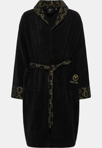 Black terry robe with a patterned green accent on the collar and cuffs. Features a matching belt and two front pockets. Logo on the pocket.