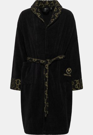 Schwarzer Frottee-Bademantel mit einem gemusterten grünen Akzent an Kragen und Ärmeln. Mit passendem Gürtel und zwei Fronttaschen. Logo auf der Tasche.