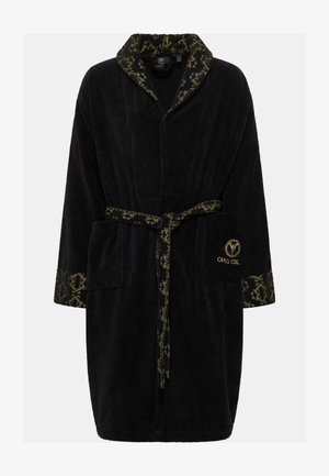 Sort frottébadekåbe med grønne mønstrede detaljer på kraven og manchetterne. Har et matchende bælte og to forreste lommer. Logo på lommen.