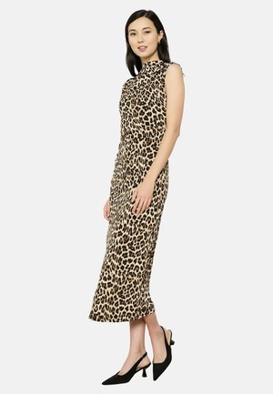 Leopard print midi dress with a high neckline and sleeveless design. Made of smooth fabric; fitted waist and flared hem. Black slingback heels.