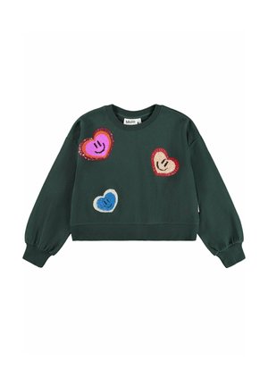 Donkergroene sweatshirt met lange mouwen en drie kleurrijke glimlachende hartpatches in roze, rood en blauw aan de voorkant.