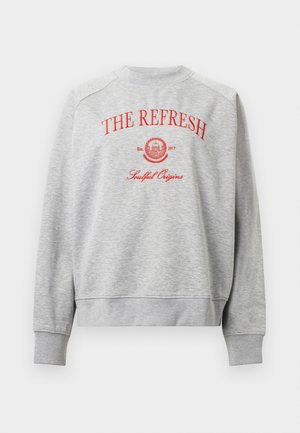 Sweatshirt cinza com texto bordado em vermelho que diz "THE REFRESH" e "Soulful Origins." Gola redonda com punhos e bainha canelados.