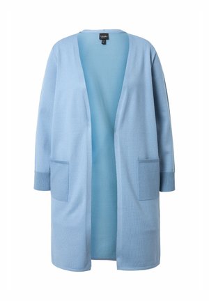 Jasnoniebieski kardigan za kolano z otwartym przodem, długimi rękawami, dwoma naszywanymi kieszeniami z przodu i ściągaczami na mankietach.