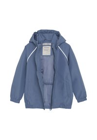 Veste imperméable bleue avec une capuche, des poignets élastiques, une fermeture éclair et des détails en piping blancs. Intérieur doublé avec une étiquette d'entretien visible.