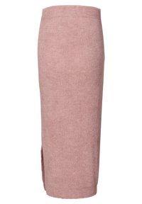 Jupe crayon tricotée en rose clair avec une taille haute et une fente sur le côté. Présente une surface texturée et côtelée sur tout le tissu.