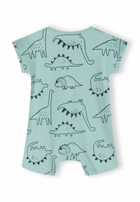 Svijetloplavi romper kratkih rukava s ilustracijama crnih dinosaura. Tkanina je mekana s glatkom teksturom i ima kopču na dnu.